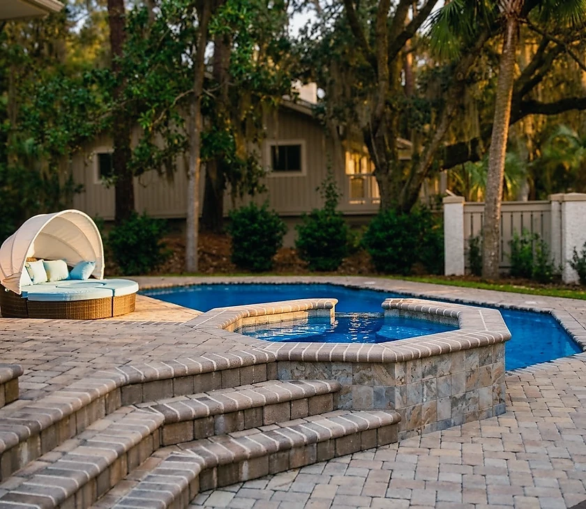 A fiberglass pool and spa set and finished under mature oaks