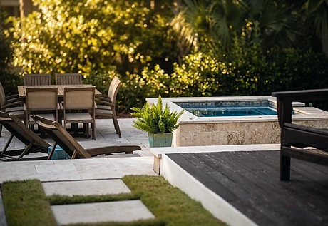 Stone paving set into lawn beside a compact pool and seating